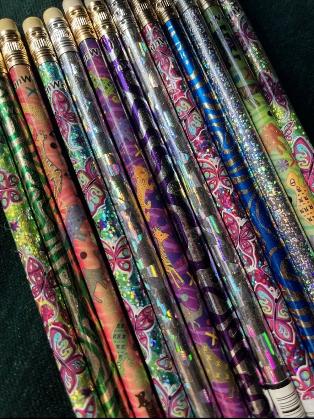 Vintage 80s 90s Lot 13 Pencils Animals butterfly wavy Foil Neon holographic